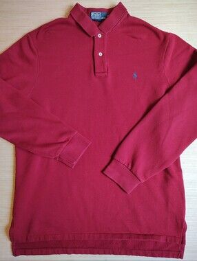 Ralph Lauren Polo Shirt Long Sleeve Fleece Burgundy Red Pony Navy Cotton XL Men